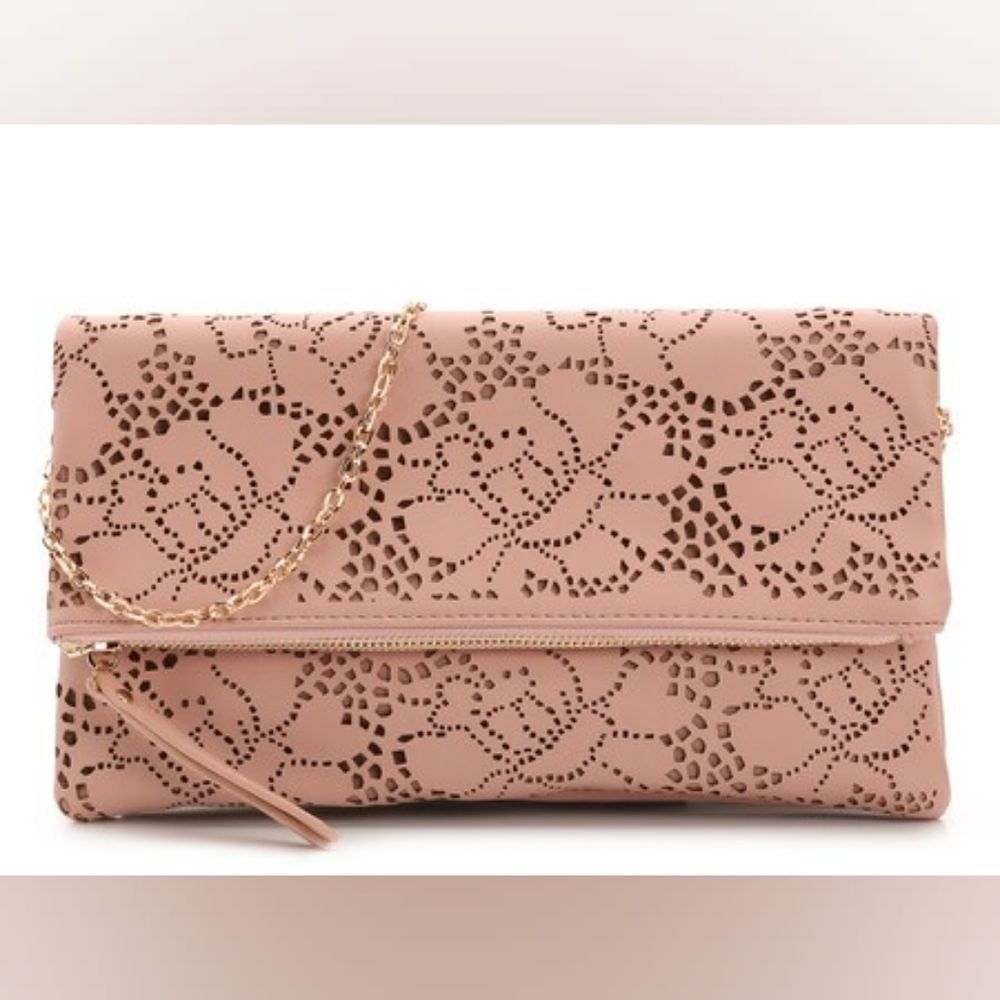 Urban Expressions Locket Clutch with chain In Blush Pink Laser Cut Vegan Leather